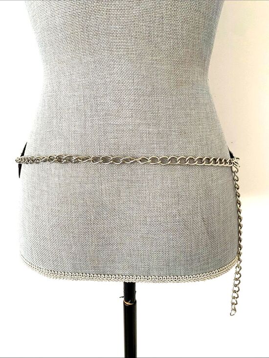 Chico\'s Medallion Runway Metal & Leather Belt OS Silver Tone Chains Boho Chic main image 11